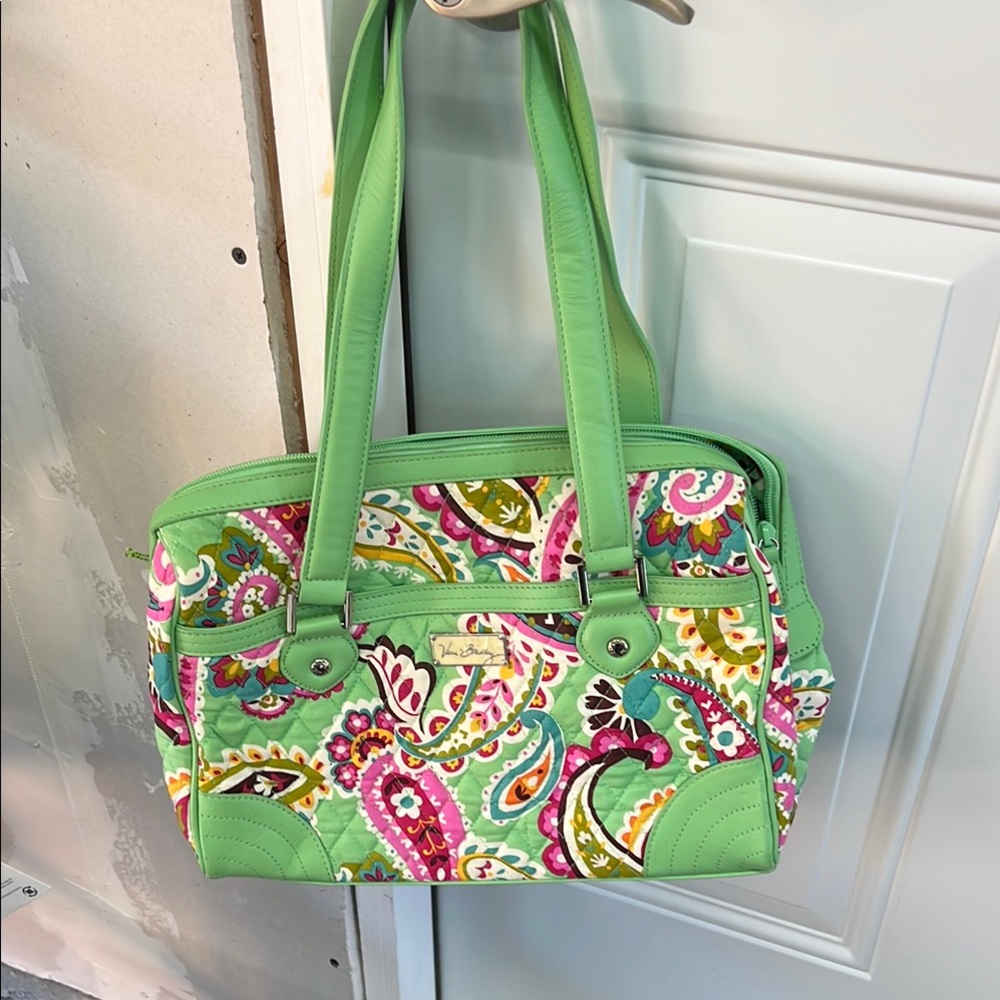 Vera Bradley Green and Pink Shoulder Bag with Floral Paisley Design